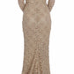 Beige Floral Lace Long Sleeve Maxi Dress