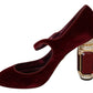 Red Velvet Crystal-Embellished Mary Janes Heels