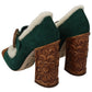 Chic Green Suede Mary Janes with Shearling Trim