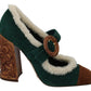 Chic Green Suede Mary Janes with Shearling Trim