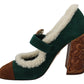 Chic Green Suede Mary Janes with Shearling Trim