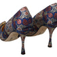 Elegant Blue Jacquard Heels with Crystal Embellishments