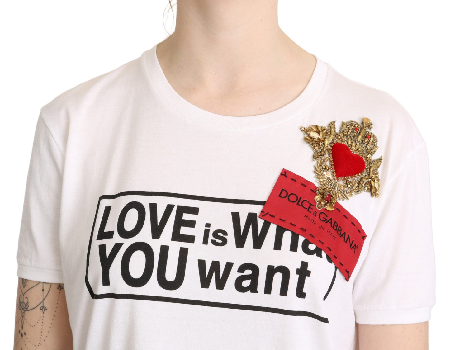 Elegant White Cotton Tee with Heart Embroidery