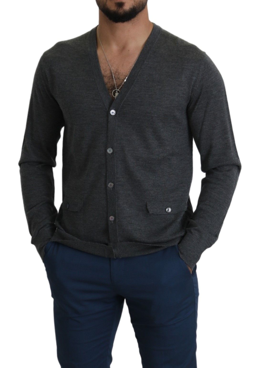 Elegant Gray Cashmere Button-Down Cardigan
