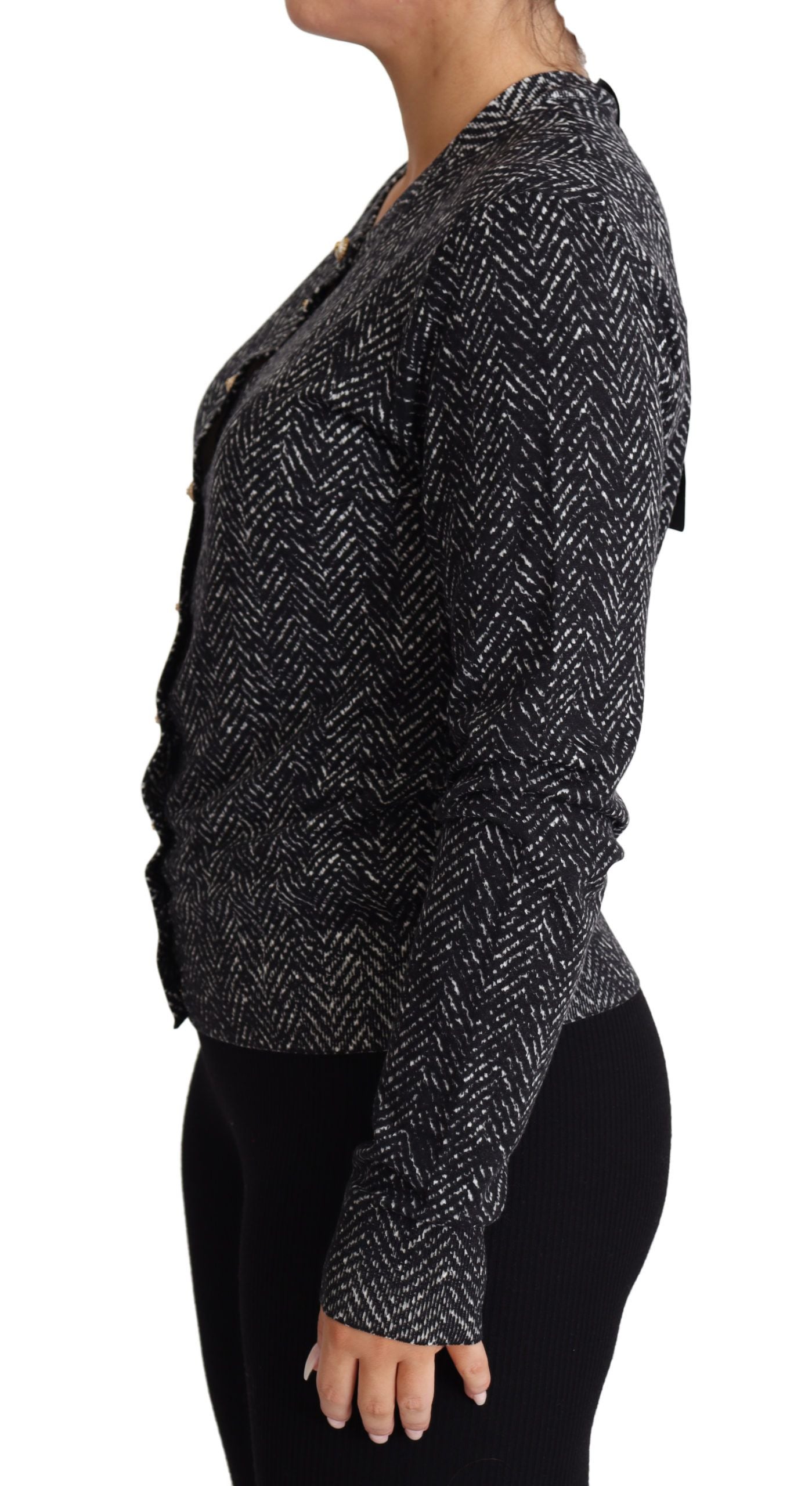Elegant Chevron Wool Cardigan with Logo Buttons