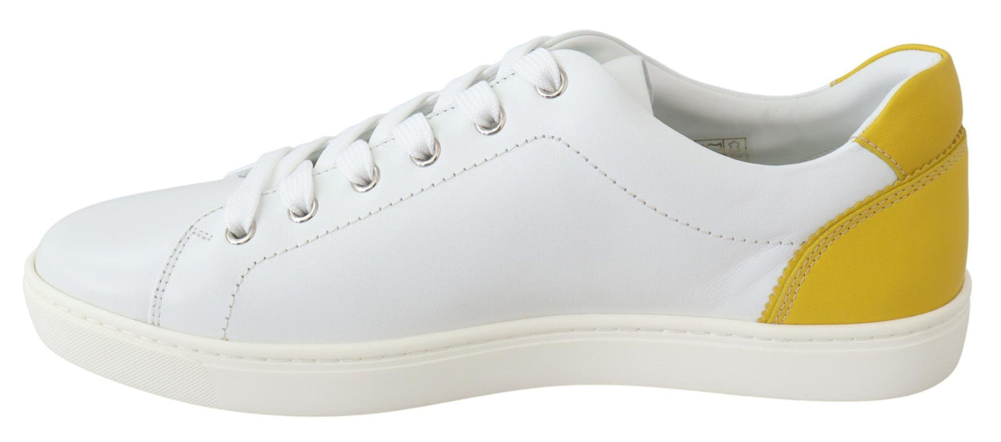 Chic White & Yellow Leather Low-Top Sneakers