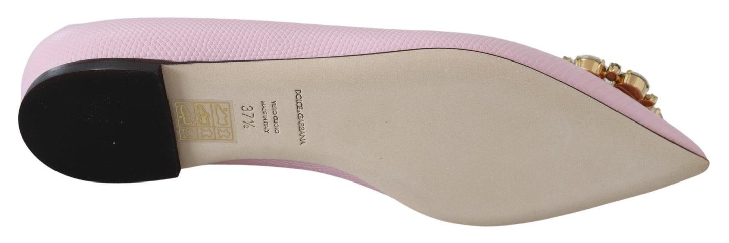 Crystal-Embellished Pink Leather Flats