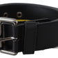 Sleek Black Leather Belt with Yellow Lining