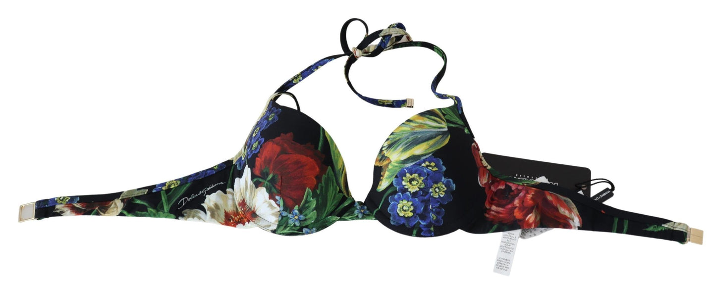 Chic Black Floral Bikini Top with Tie Neck