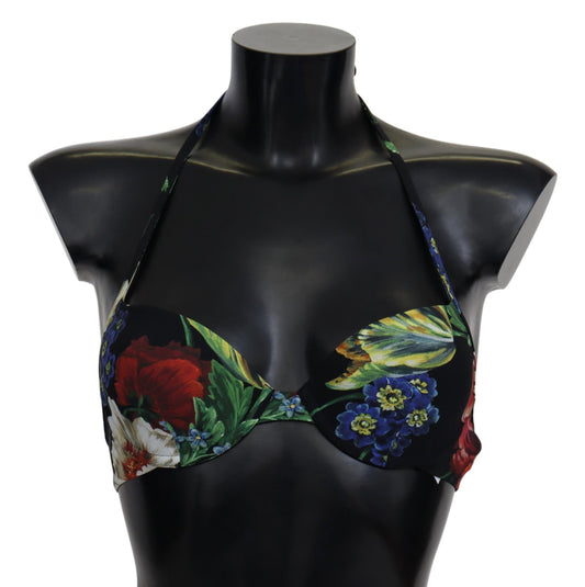 Chic Black Floral Bikini Top with Tie Neck