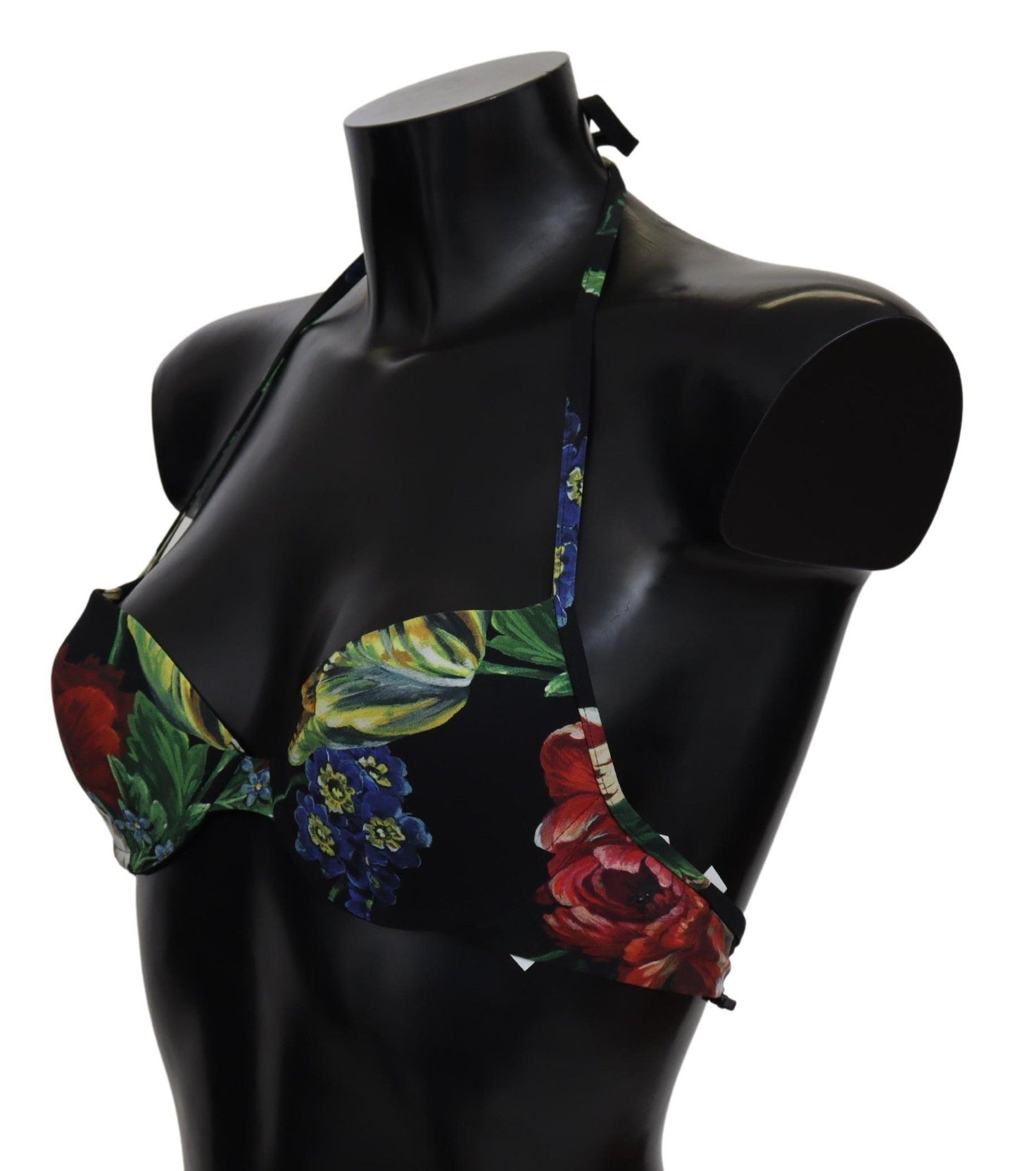 Chic Black Floral Bikini Top with Tie Neck