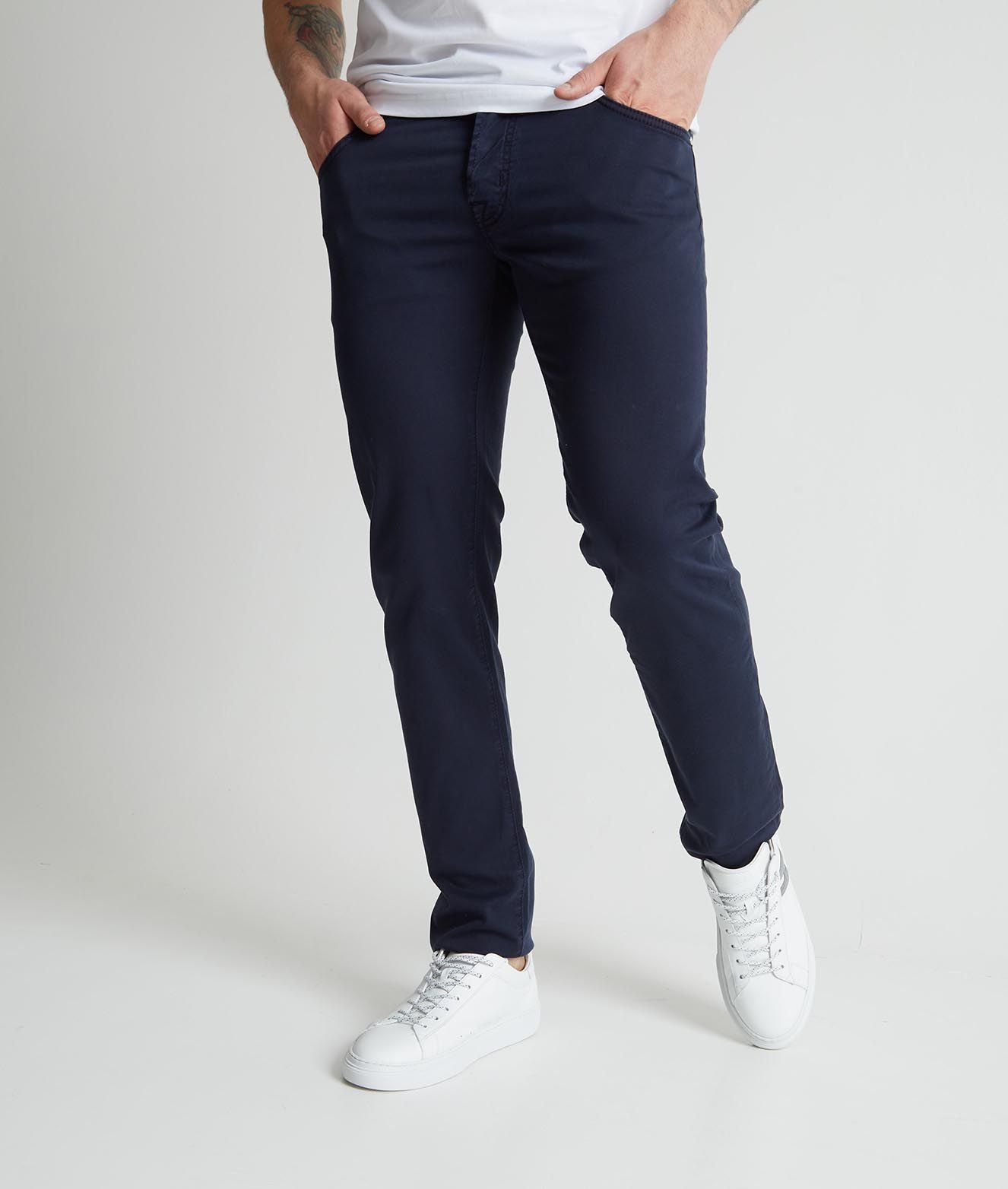 Navy Blue Slim-Fit Cotton Stretch Trousers