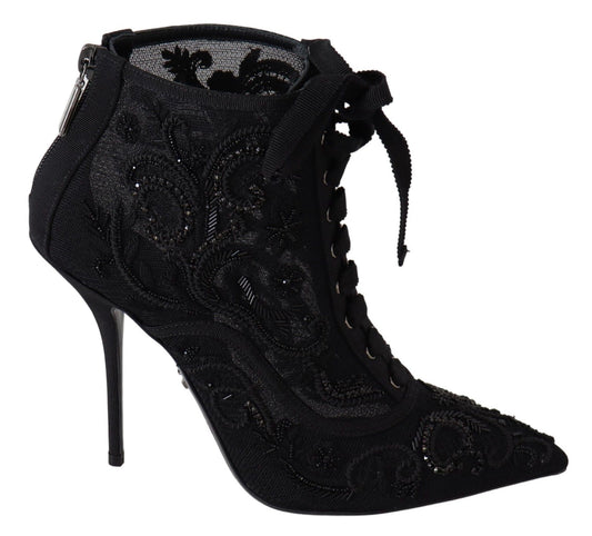 Elegant Black Tulle Lace-Up Boots