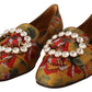 Glamorous Gold Jacquard Ballet Flats with Crystal Brooch