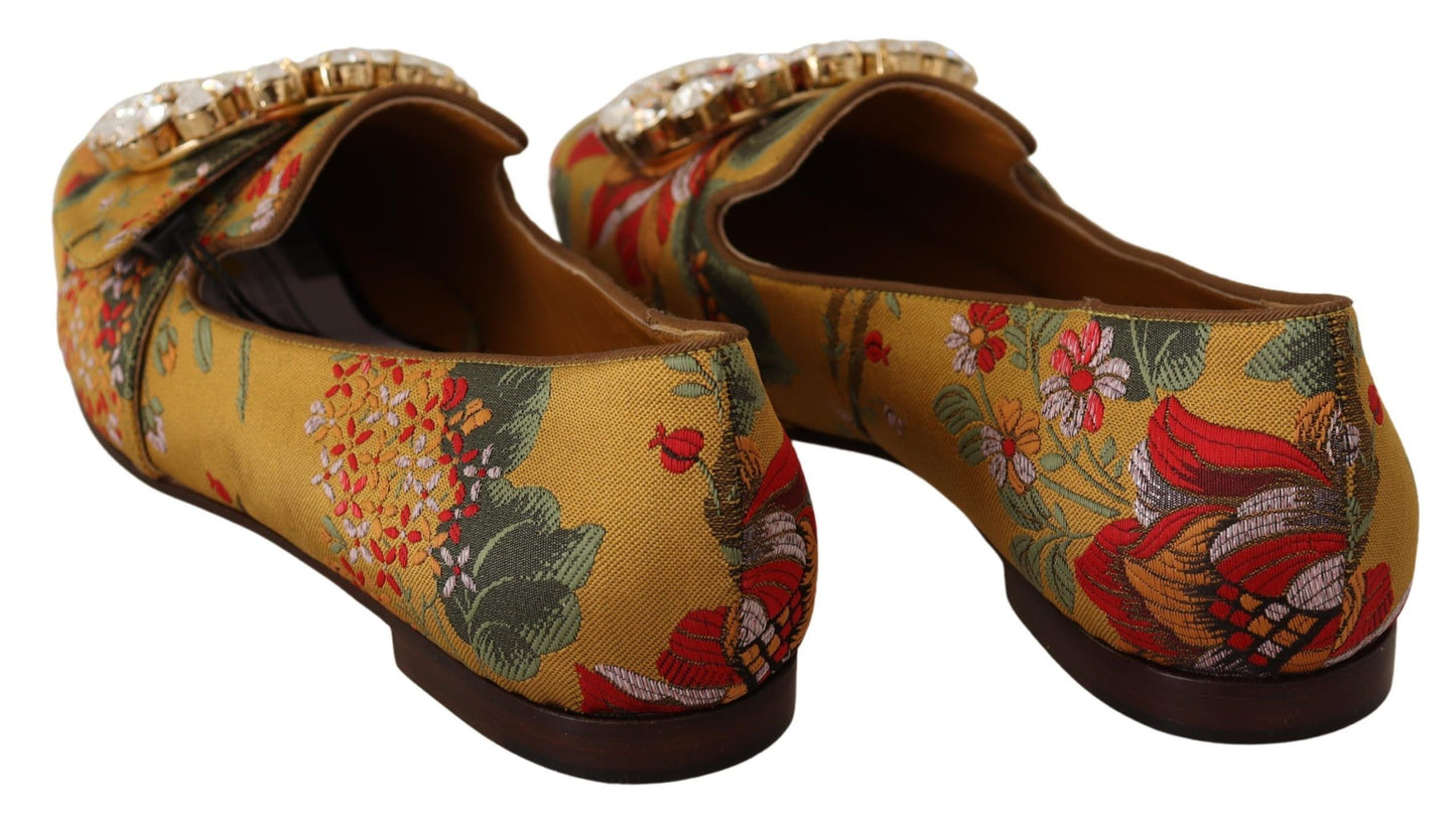 Glamorous Gold Jacquard Ballet Flats with Crystal Brooch