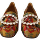 Glamorous Gold Jacquard Ballet Flats with Crystal Brooch