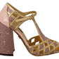 Silk-Infused Leather Crystal Pumps in Pink Gold