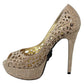 Elegant Beige Leather Heeled Pumps with Rhinestones