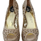 Elegant Beige Leather Heeled Pumps with Rhinestones