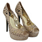 Elegant Beige Leather Heeled Pumps with Rhinestones