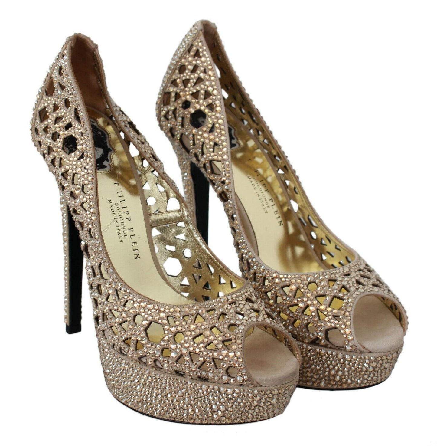 Elegant Beige Leather Heeled Pumps with Rhinestones
