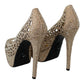 Elegant Beige Leather Heeled Pumps with Rhinestones