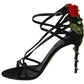 Elegant Black Suede Crystal Floral Heels