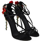 Elegant Black Suede Crystal Floral Heels