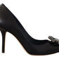 Elegant Crystal Leather Pumps in Dark Blue