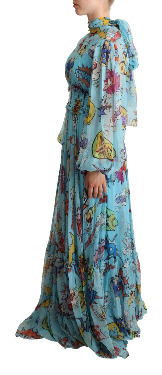 Silk Maxi Dress with Cartoon Print