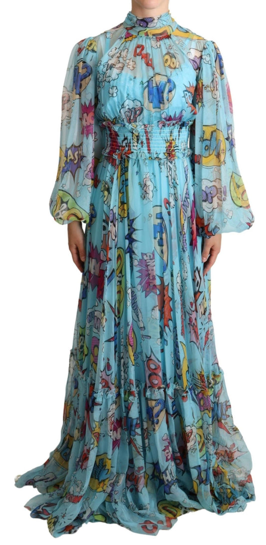 Silk Maxi Dress with Cartoon Print