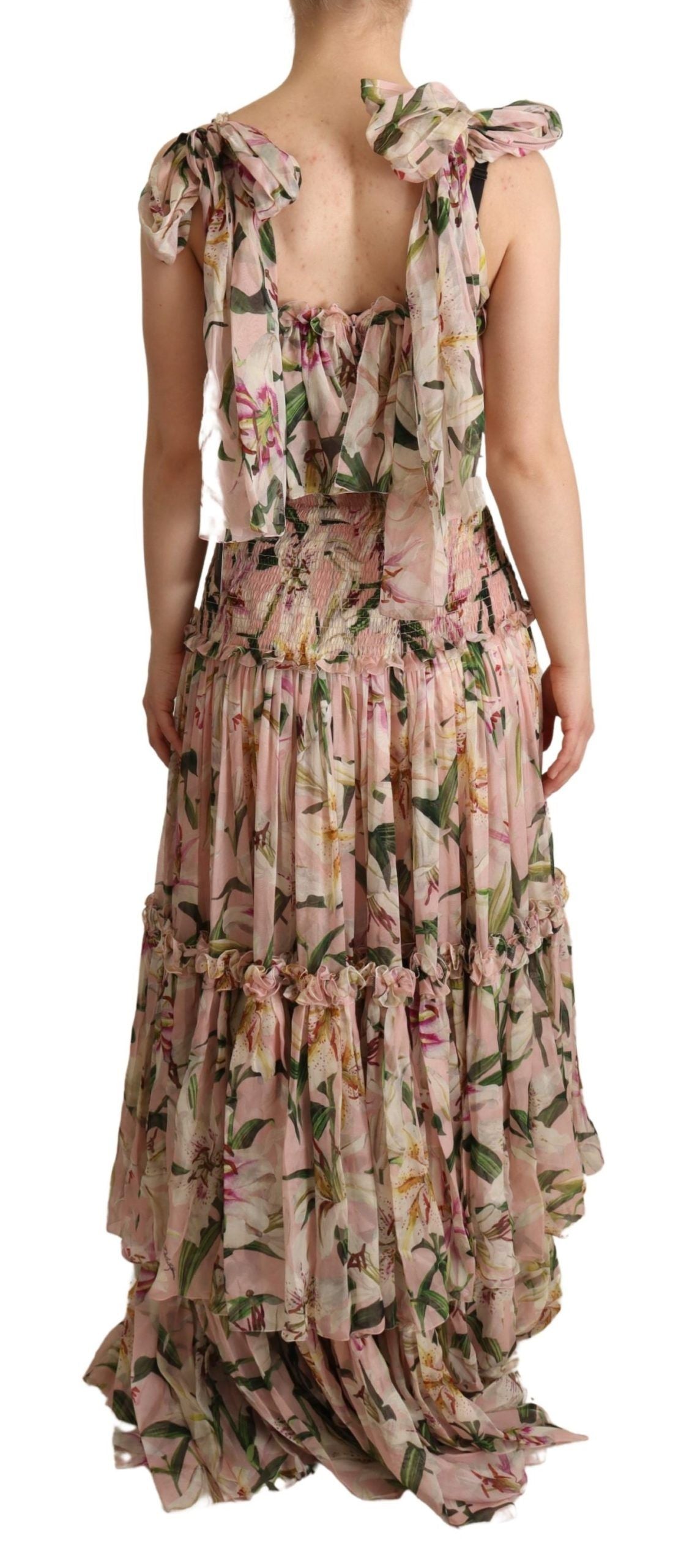 Elegant Sleeveless Floral Ruched Silk Long Dress