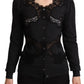 Elegant Gray Lace-Trim Wool Cardigan
