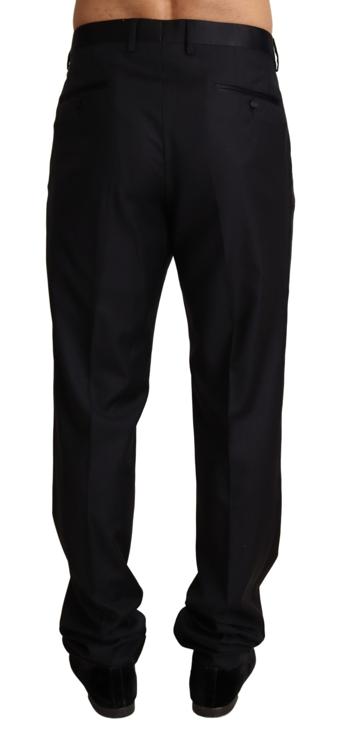 Elegant Black Wool Silk Blend Tuxedo Trousers