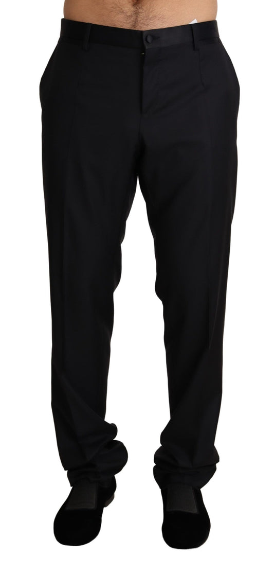 Elegant Black Wool Silk Blend Tuxedo Trousers