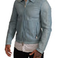 Elegant Light Blue Leather Bomber Jacket