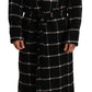 Elegant Black and Gray Wool Long Coat Jacket Robe