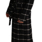 Elegant Black and Gray Wool Long Coat Jacket Robe