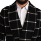 Elegant Black and Gray Wool Long Coat Jacket Robe