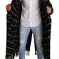 Elegant Black and Gray Wool Long Coat Jacket Robe
