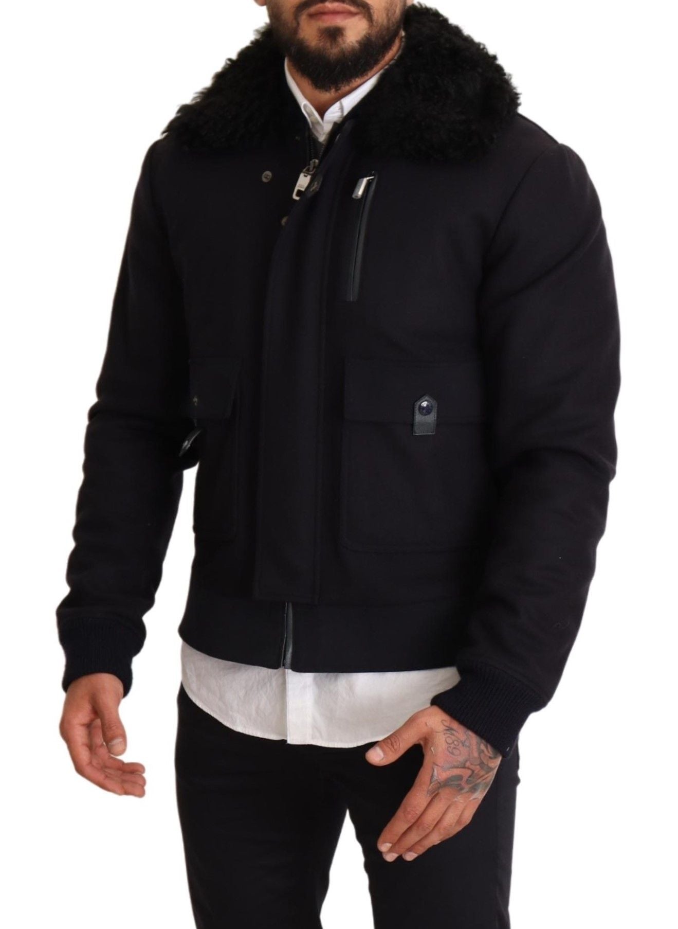 Elegant Blue Wool Bomber Jacket