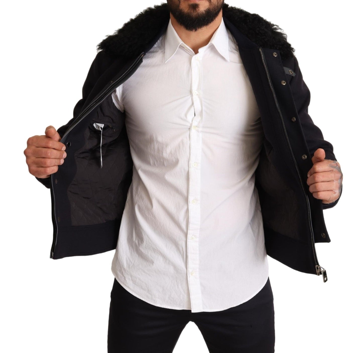 Elegant Blue Wool Bomber Jacket