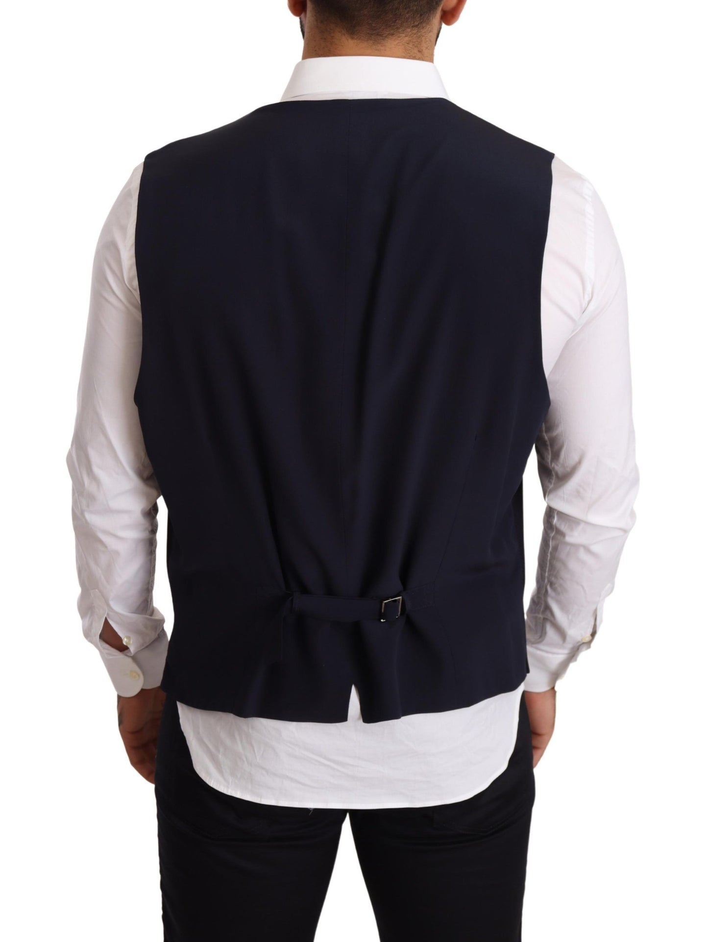 Elegant Blue Wool and Silk Dress Vest