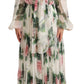 Elegant White Silk Maxi Dress with Pink Rose Print