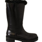 Elegant Black Leather & Fur Biker Boots