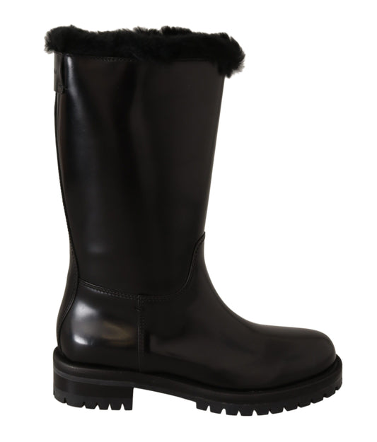 Elegant Black Leather & Fur Biker Boots