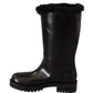 Elegant Black Leather & Fur Biker Boots