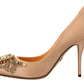 Elegant Nude Satin Crystal-Embellished Pumps