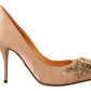 Elegant Nude Satin Crystal-Embellished Pumps
