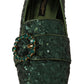 Emerald Sequined Loafers with Crystal Gems
